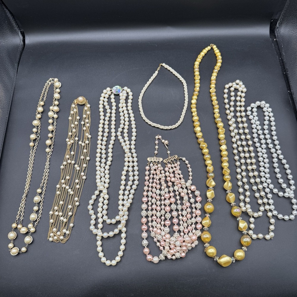 Lot of 8 Vintage Faux Pearl Necklaces ETC Costume Jewelry Mixed Colors Strands